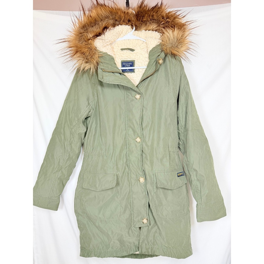 Abercrombie & Fitch Women Green Parka Jacket M Faux Fur Hood Sherpa Lined Y2K 00